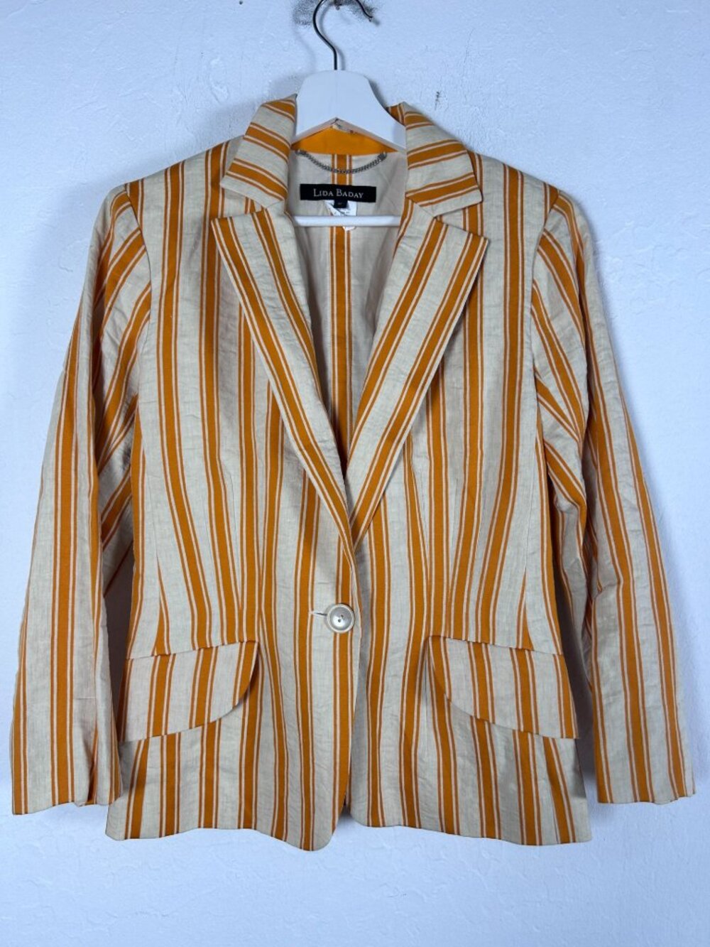 Lida Baday Womens Cream Orange Striped Linen Blend One-Button Blazer Size 10